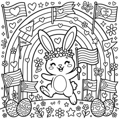 This charming coloring page features a happy Cartoon Easter Bunny surrounded by symbols of Pride, including rainbows, flags, and hearts. It’s a wonderful way to celebrate diversity and spread joy through the art of coloring.