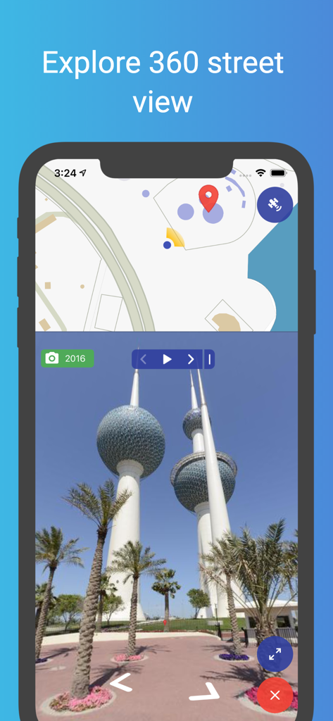 Kuwait Finder - Kuwait Finder app interface displaying a split-screen map and a 360-degree street view of the Kuwait Towers.