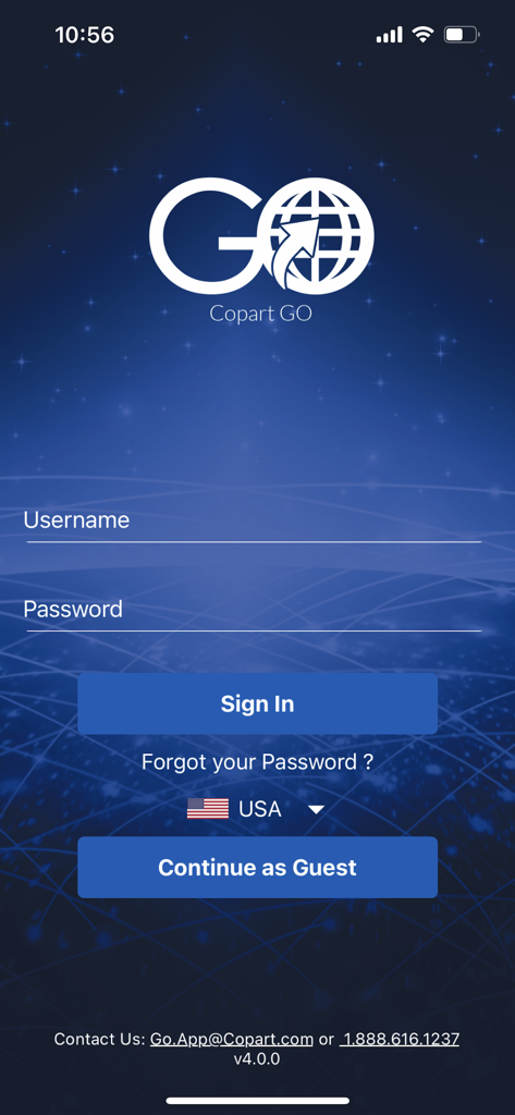 Copart GO mobile app login screen with username and password fields