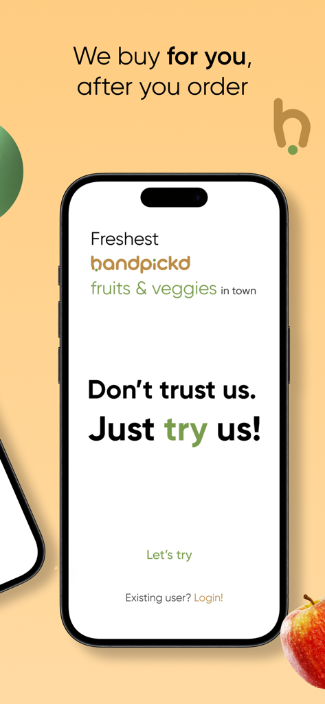 Handpickd: Fruits & Veggies - Handpickd mobile app interface for fresh fruits and vegetables with a focus on zero-stock delivery