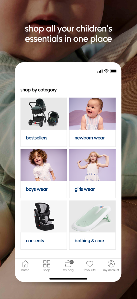 Mothercare MENA Baby/Kids Shop - Mothercare MENA app interface showing baby and kids shopping categories like newborn wear, boys wear, girls wear, and car seats.