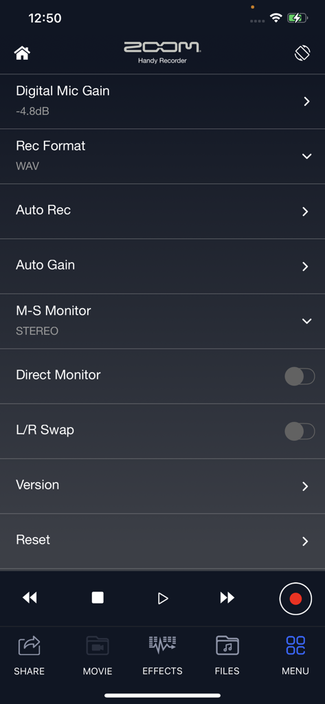 Il menu delle impostazioni dell'app HandyRecorder che mostra controlli audio avanzati come guadagno del microfono digitale, formato di registrazione e guadagno automatico