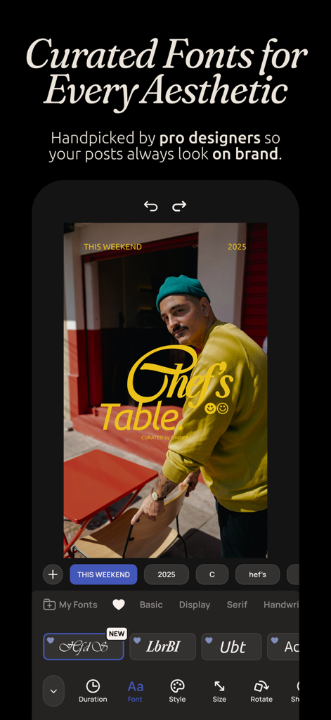 Templify・ Photo & Video Editor - Templify app interface showcasing curated designer fonts for aesthetic social media posts