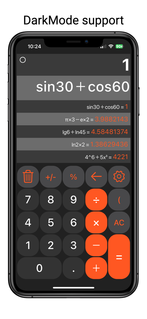 Easy Calculator with History - Interfaz de la aplicación Calculadora Fácil que muestra cálculos científicos y registro de historial en Modo Oscuro