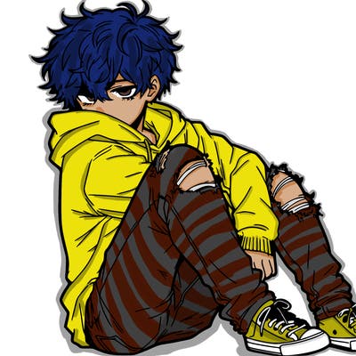 a male hoddie ripped jeans messy hair anime