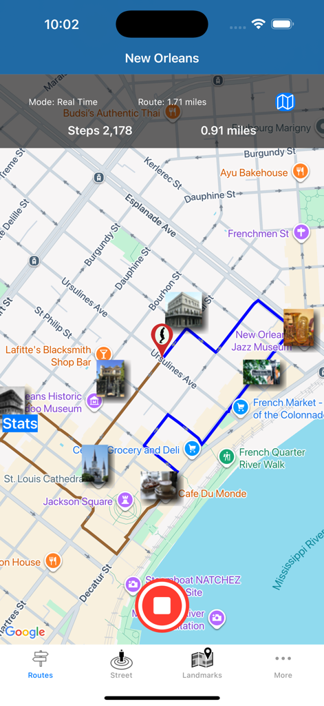 Remote Walk: Virtual Walking - A map view of a virtual walking tour in New Orleans showing route progress and landmarks