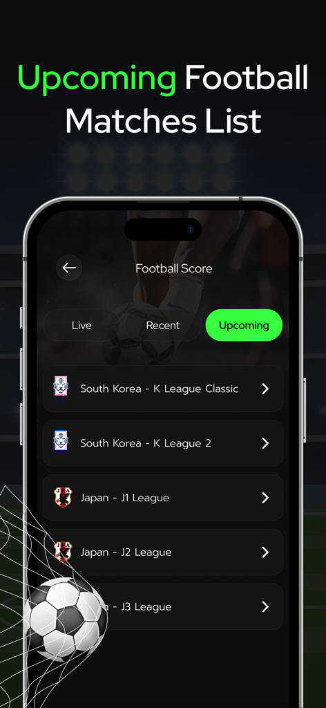 NBA Score, Football Live Score - A mobile app interface displaying a list of upcoming football matches for various Asian leagues.