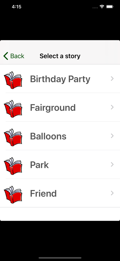 Bigmouth Sounds - A list of five educational stories for speech development including Birthday Party and Fairground in the Bigmouth Sounds app.