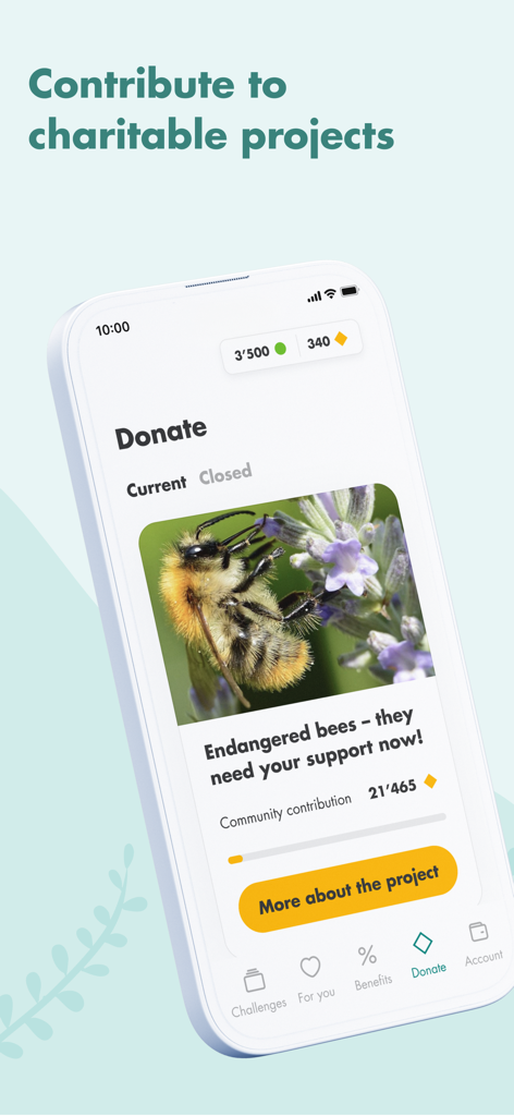 Interface of the SWICA Benevita app showing the donate section for charitable projects