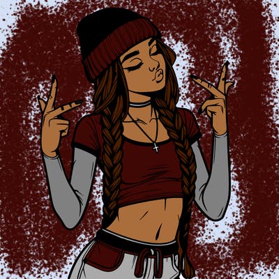 realistic teenage girl with braids and a beanie and crop top doing 🫶🏼