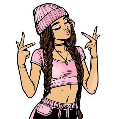 realistic teenage girl with braids and a beanie and crop top doing 🫶🏼