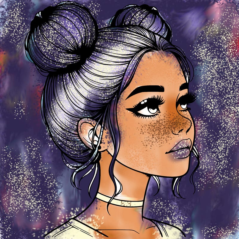 realistic girl with buns on the top of her head