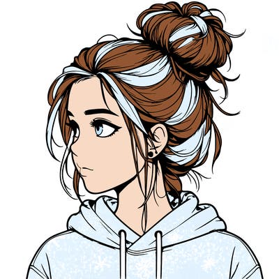 realistic girl woth a messy bun wearing a hoodie