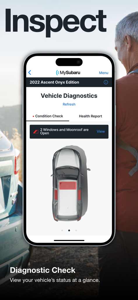 MySubaru - Smartphone screen showing the MySubaru app vehicle diagnostics feature with a condition check for open windows and moonroof