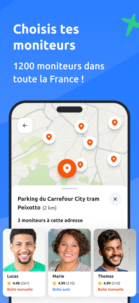 En Voiture Simone - Auto École - Pantalla de la app mostrando un mapa para encontrar instructores de conducción con sus valoraciones y tipos de vehículo.