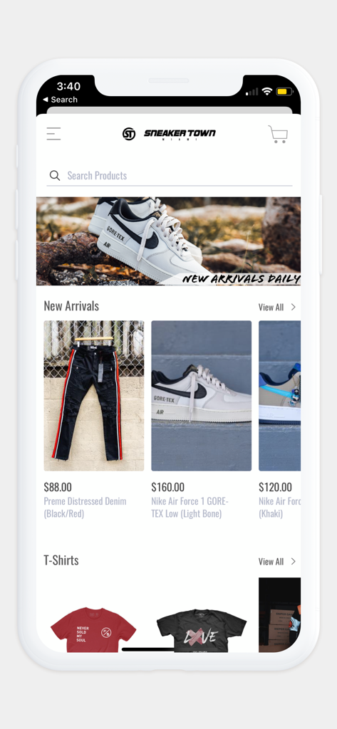 SNEAKER TOWN - SNEAKER TOWN app home screen featuring new arrivals of sneakers and streetwear clothing