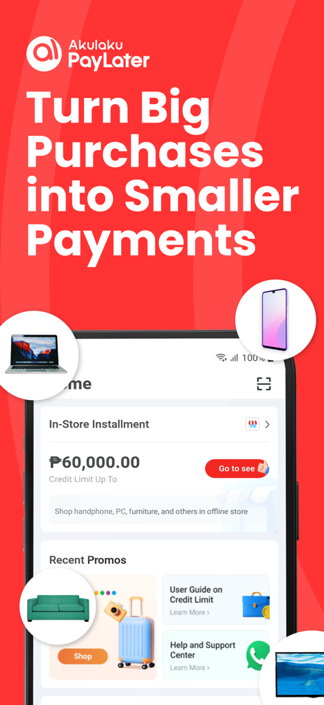 Akulaku PayLater - Akulaku PayLater app interface showing installment plans and a 60000 credit limit