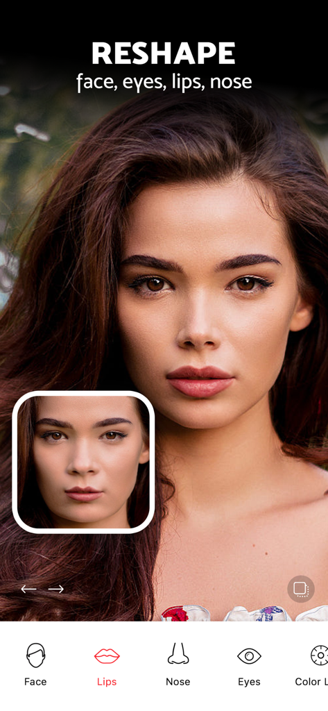Pixl: Face & Red Eye Corrector - Interface of Pixl app showing tools to reshape face eyes lips and nose