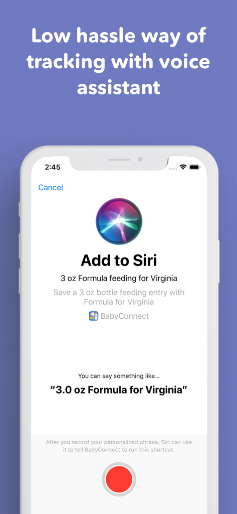 Baby Connect: Newborn Tracker - Interface showing the Add to Siri feature for hands free tracking of baby formula feeding in the Baby Connect app