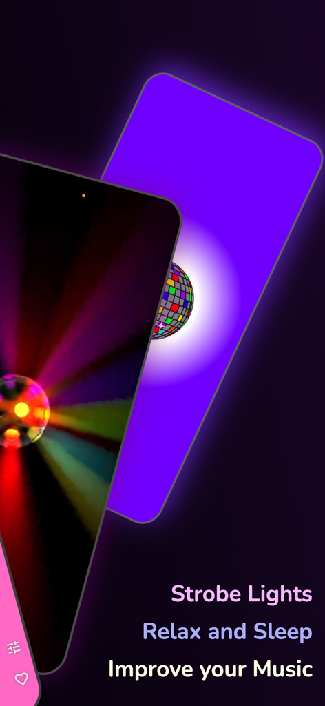 Color Lights Flashing - Color Lights Flashing app interface showing strobe lights and disco ball effects