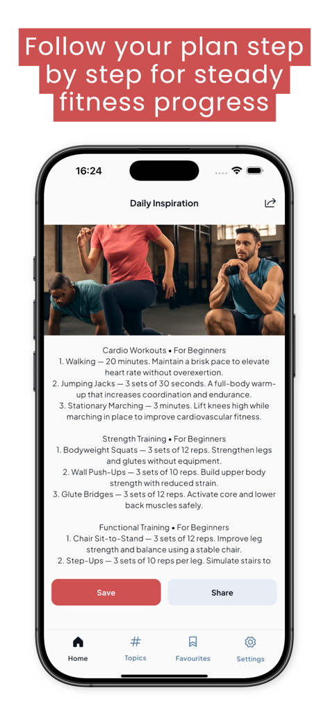SeniorMatch - Pantalla del plan de entrenamiento diario de la aplicación SeniorMatch con ejercicios cardiovasculares y de fuerza para personas mayores