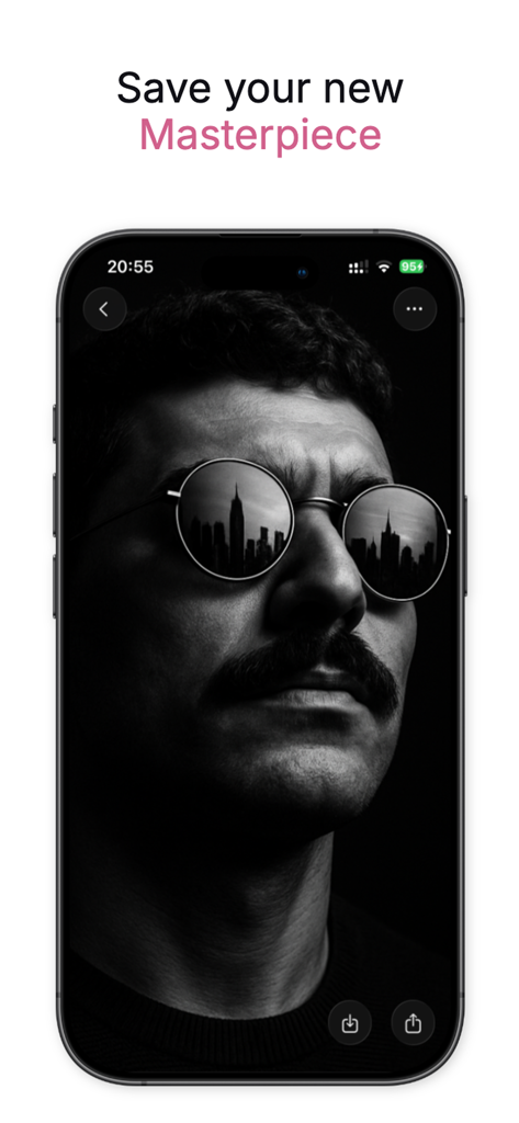 Bose - AI Photo Generator - Cinematic black and white AI generated portrait of a man with city reflections in his sunglasses