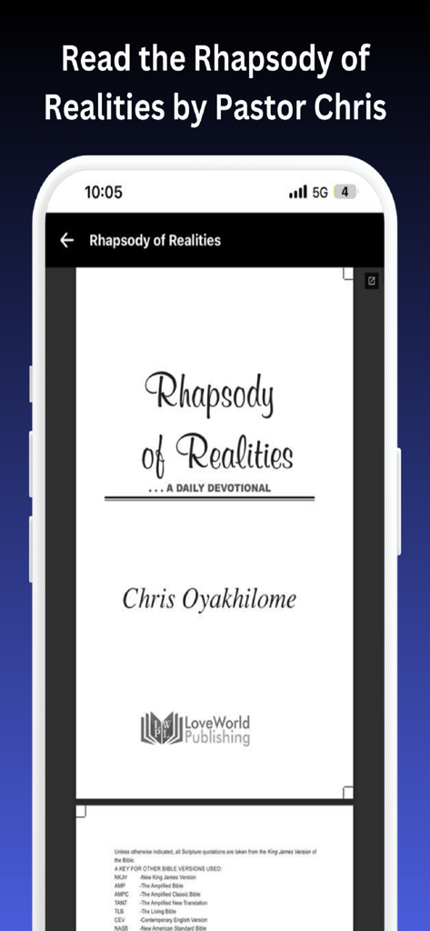 Envoys - A mobile screen from the Envoys app displaying the Rhapsody of Realities daily devotional by Pastor Chris Oyakhilome.