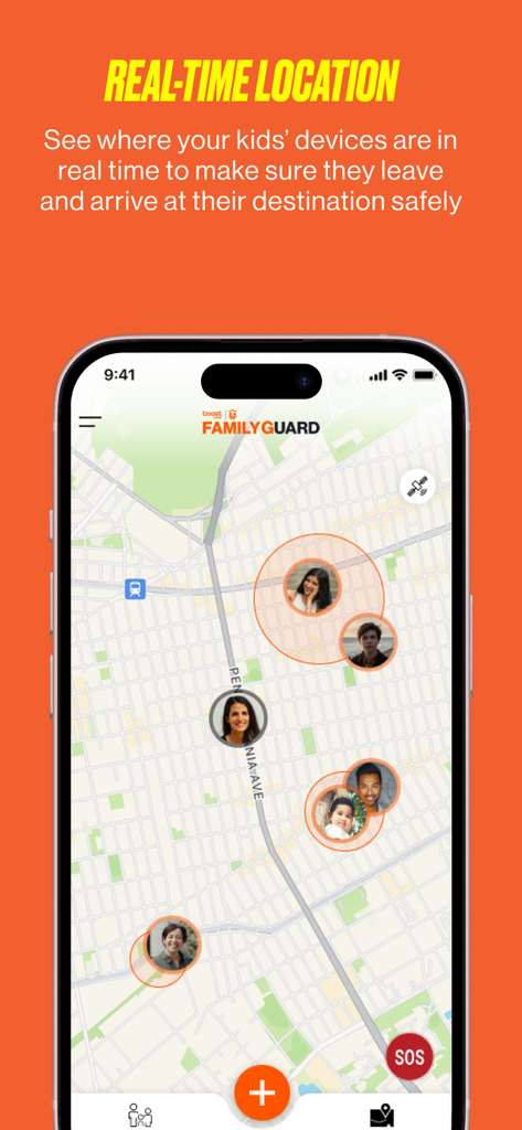 Boost Family Guard - A smartphone showing the Boost Family Guard app with a real-time map displaying the locations of family members