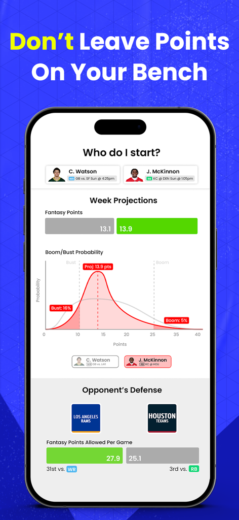 WalterPicks – AI Insights - WalterPicks app showing AI start or sit player comparison with fantasy points projections and boom bust probability graph