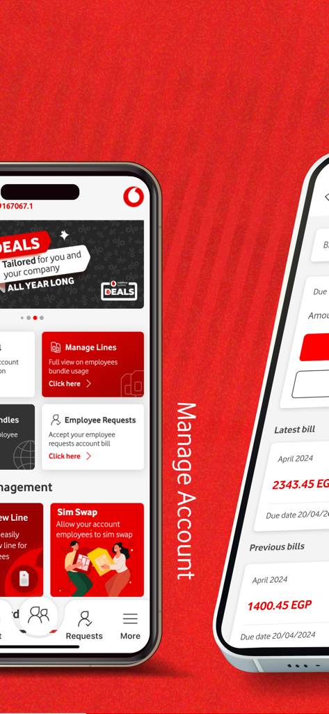 Dashboard of the Vodafone Business app showing account management and billing details