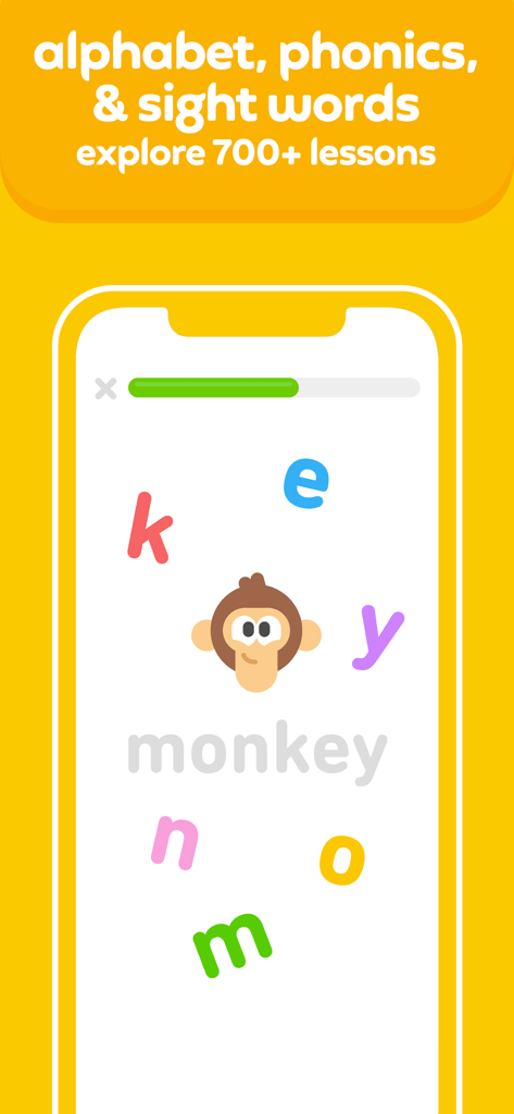 Learn to Read - Duolingo ABC - Interface do aplicativo educacional Duolingo ABC mostrando um jogo de ortografia com um personagem macaco e letras coloridas