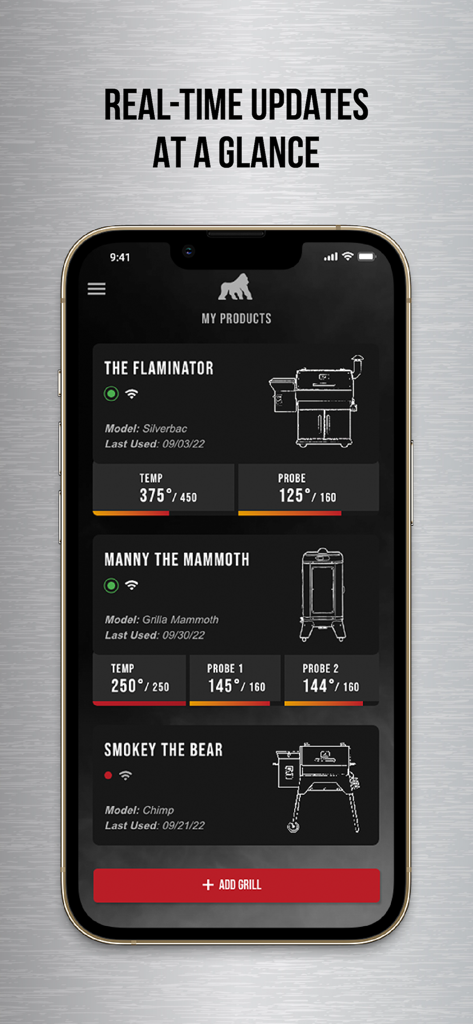 Interface de l'application Grilla Grills montrant la surveillance des températures et des sondes en temps réel pour plusieurs grills