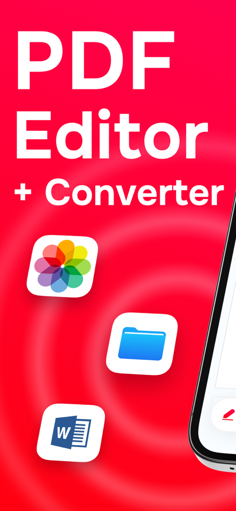 PDF Editor | Files Converter - PDFエディターとファイルコンバーターアプリのインターフェイスが、写真、Wordドキュメント、およびフォルダとの統合を示しています。