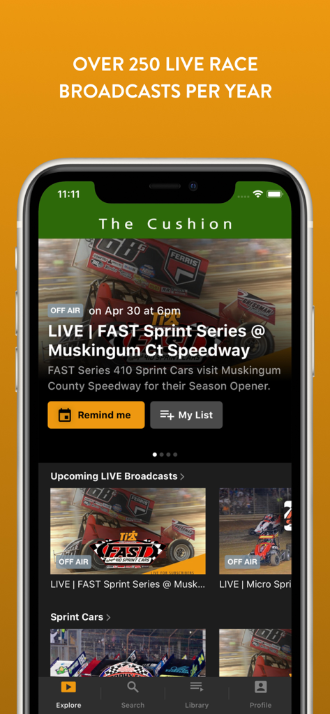 The Cushion - Smartphone displaying The Cushion app interface with upcoming live sprint car racing broadcasts