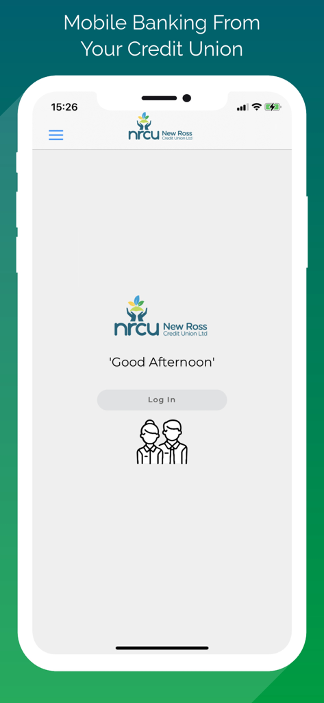 New Ross Credit Union - Login screen of the New Ross Credit Union mobile banking app showing the NRCU logo and login button