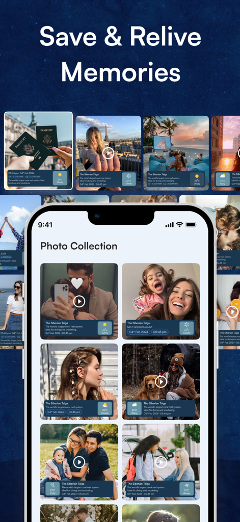 Pantalla del iPhone que muestra una galería de fotos con superposiciones de datos de ubicación y marca de tiempo.