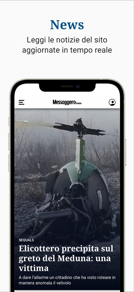 Écran de l'application Messaggero Veneto montrant les mises à jour des nouvelles régionales en temps réel sur un smartphone