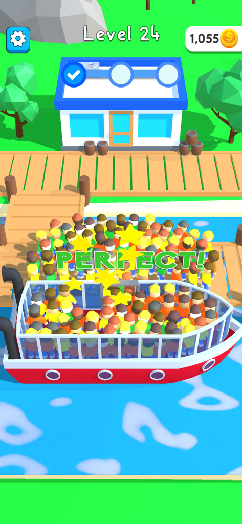 A colorful ferry boat full of passengers successfully docked at a pier in Hyper Boat gameplay
