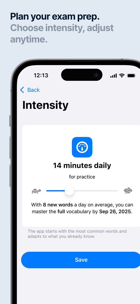 Kasti Eesti: Memorize Words - Kasti Eesti app interface for setting daily study intensity and Estonian B1 exam preparation schedule