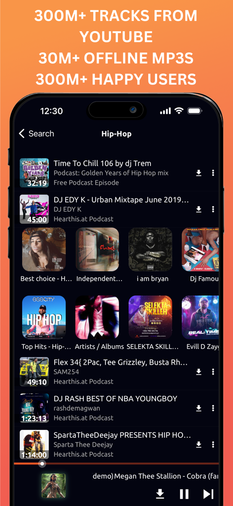 Interface of the Music Downloader app showing a Hip-Hop search results page with various music tracks and podcasts.
