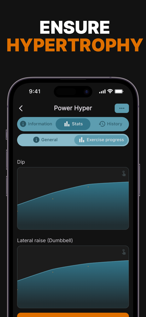 Gym log - Strive - Strive gym log interface displaying exercise progress graphs for hypertrophy training