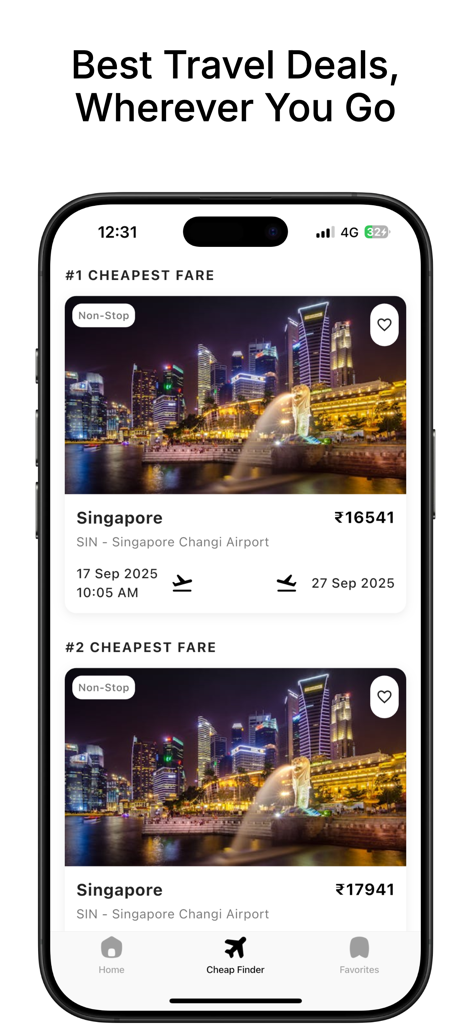 AirHunt mobile app interface showing a list of the cheapest flight fares for Singapore