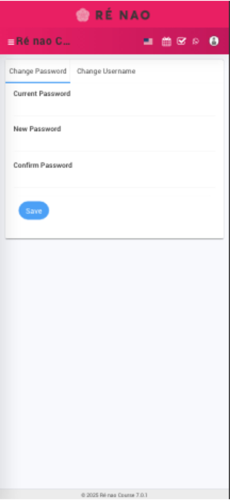 Ré nao Platform 모바일 애플리케이션의 비밀번호 변경 인터페이스