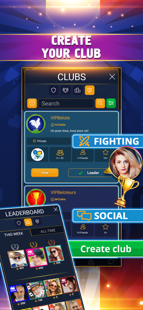 Interface de l'application VIP Belote présentant les clubs communautaires et les classements des joueurs
