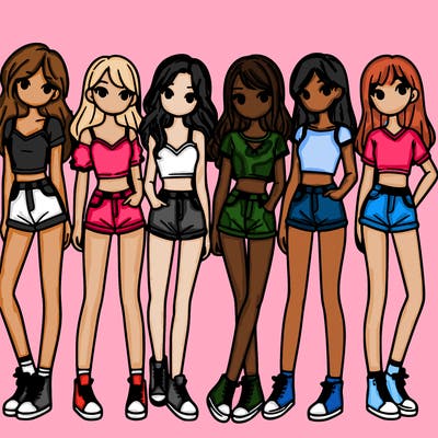 a group of girls wearing crop tops and shorts