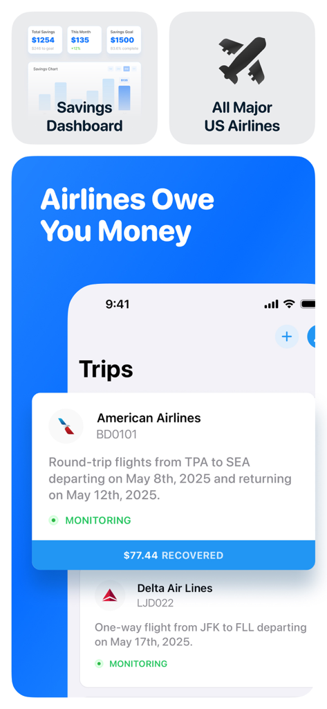 JetBack – Flight Price Savings - JetBack-App-Oberfläche, die das Spar-Dashboard und überwachte Flugreisen mit zurückerstatteten Fluggutschriften anzeigt