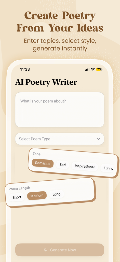 Mobile App-Oberfläche für AI Poetry Writer, die Einstellungen zur Gedichtanpassung für Ton und Länge zeigt