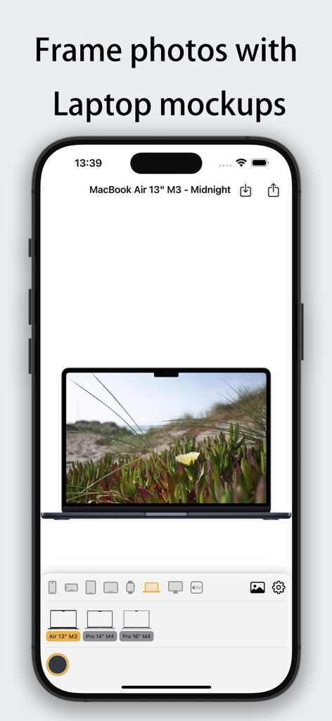 Interface of the Framable app displaying a photo inside a MacBook Air M3 laptop device frame mockup