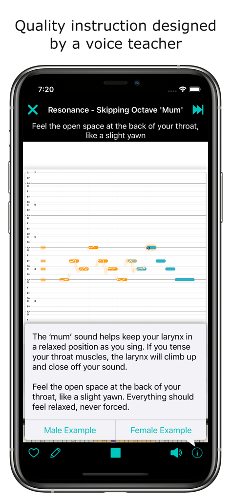 Tela do aplicativo Erol Singer's Studio mostrando um exercício vocal com rastreamento de afinação em tempo real e instruções de técnica.