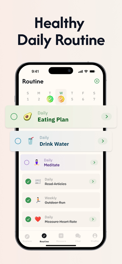 Daily Health - Healthy Routine - Daily health routine tracker showing habit lists for eating, hydration, and meditation.